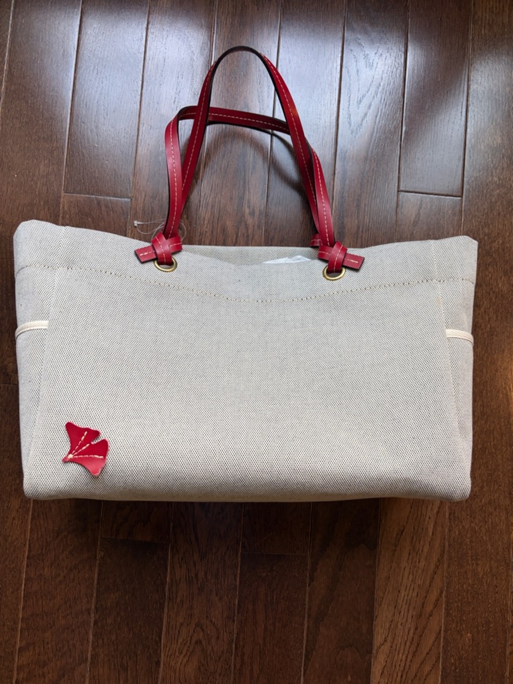Ginkgo France Gray/ivory canvas Tote Bag w/ Red Leather Handles